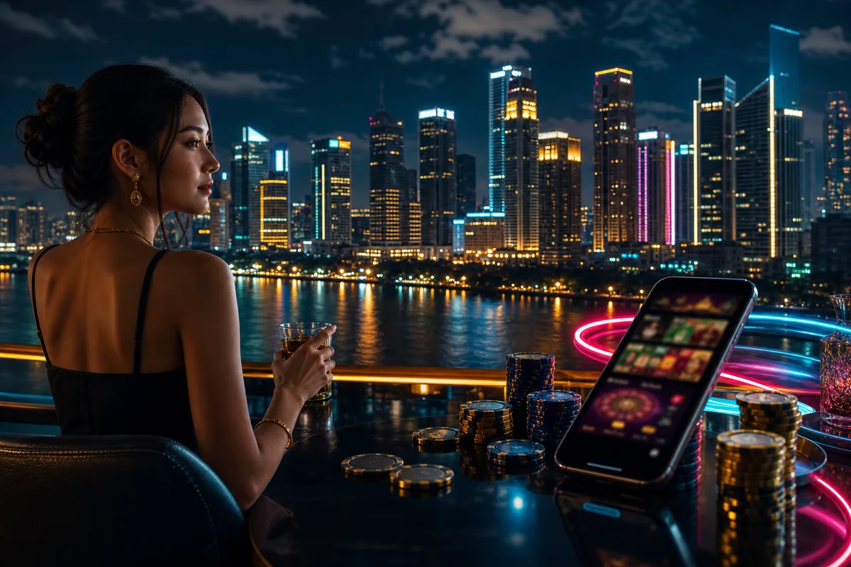 Manila night skyline with warm city lights over water, dark glass desk with gold and blue casino chips, smartphone showing a blurred casino lobby, teal and amber neon reflections