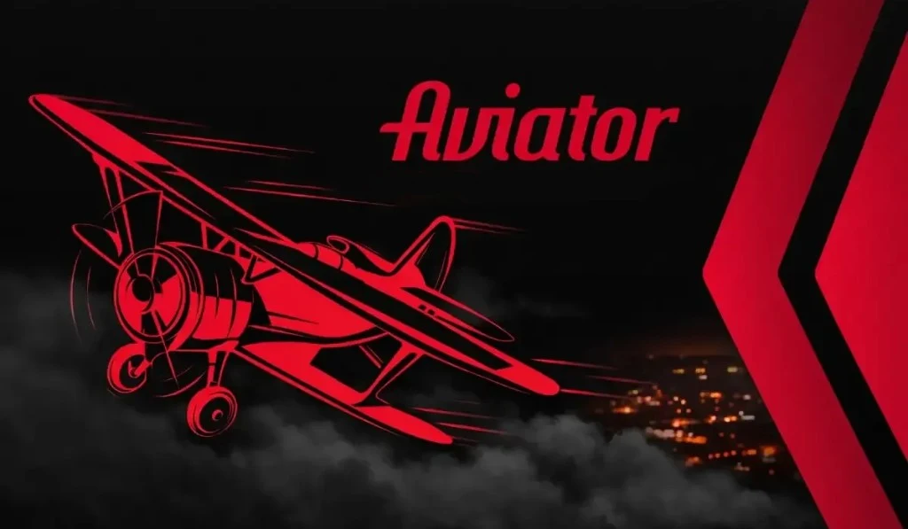 Spribe Aviator crash game promotional art — red biplane climbing through dark clouds with Aviator wordmark
