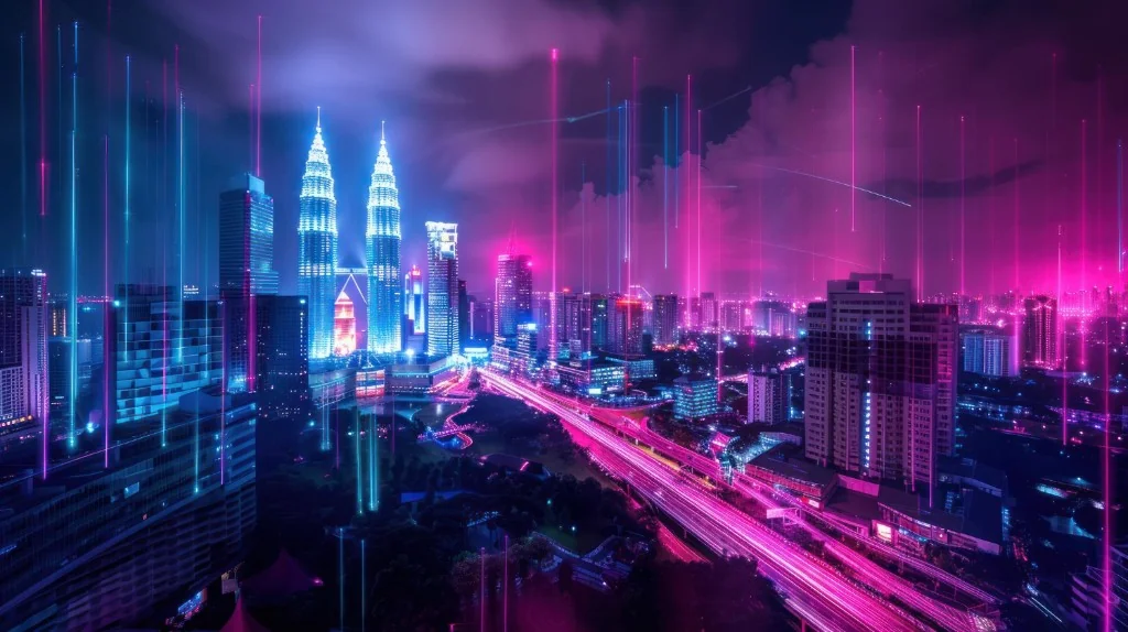 Futuristic cyberpunk night view of Kuala Lumpur with Petronas Twin Towers, neon magenta and cyan light trails, data-stream effects, and network-style glow over the skyline