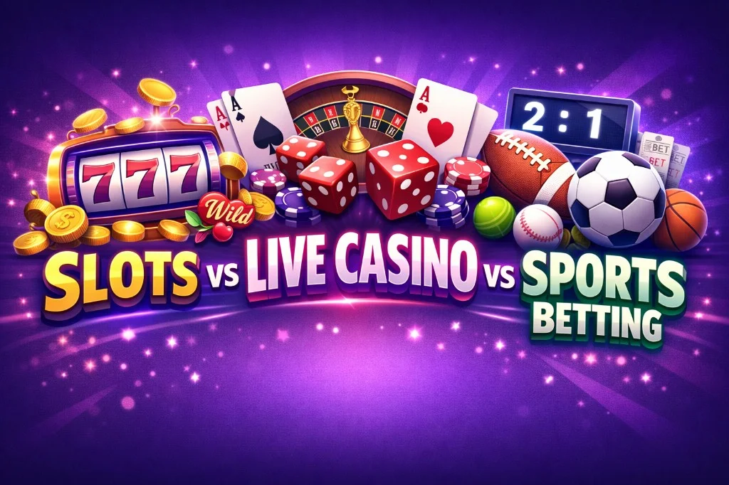 Purple starburst graphic comparing Pavillion88 slots, live casino, and sports betting — slot machine, roulette and cards, and sports balls with scoreboard